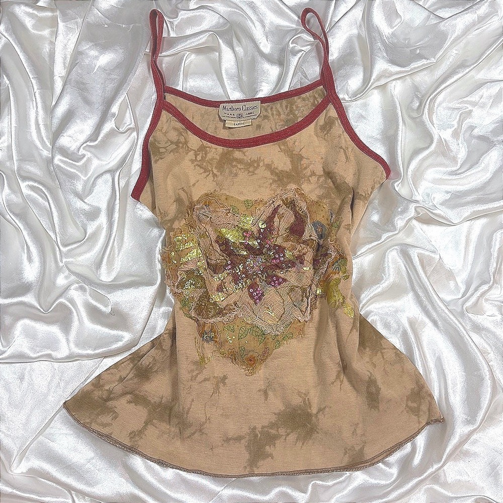 y2k Marlboro Classics Cami Tan Excellent Tie Dye Heart Sequin Applique Tank Top